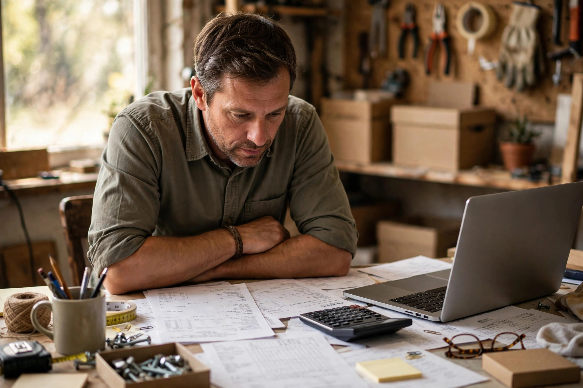 Small business owner reviewing bank statements and a calculator at his workshop desk