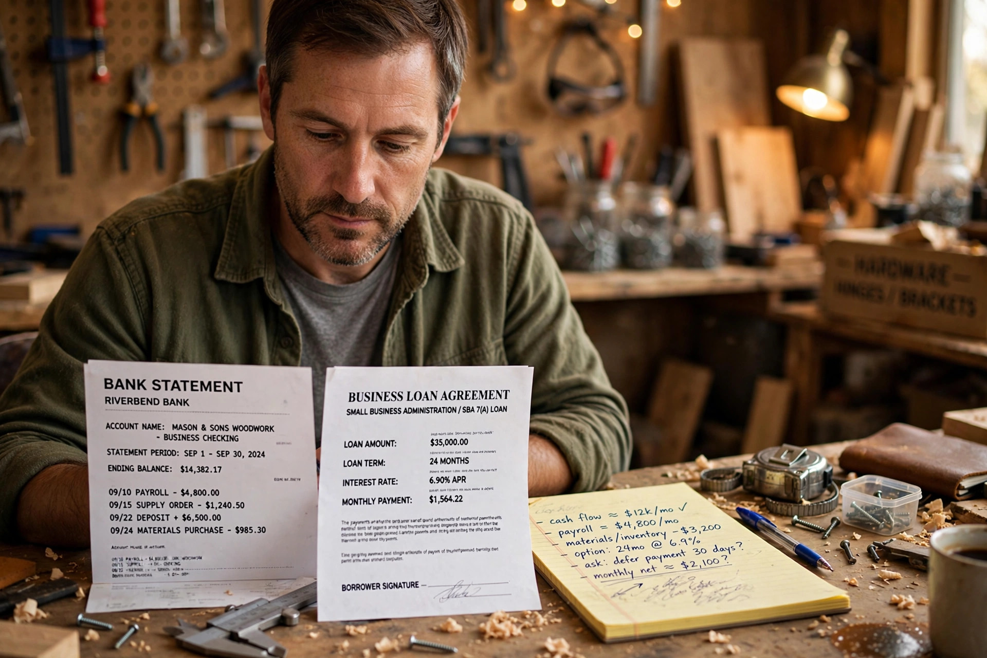 Small business owner reviewing loan documents and a bank statement on a workshop desk, with a yellow legal pad of notes beside him
