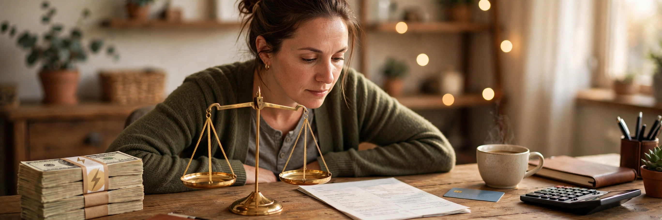 Business owner weighing a stack of cash against a credit card and bank statement on a brass balance scale