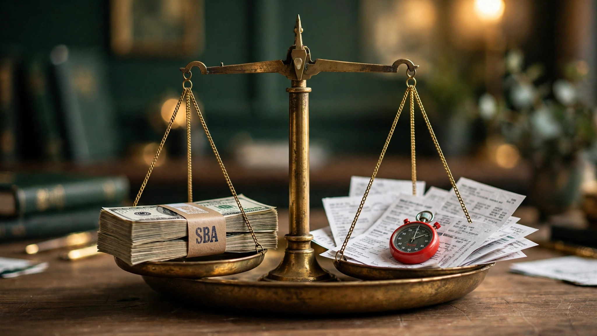 Brass balance scale weighing a stack of cash labeled SBA against bank statements and a red stopwatch