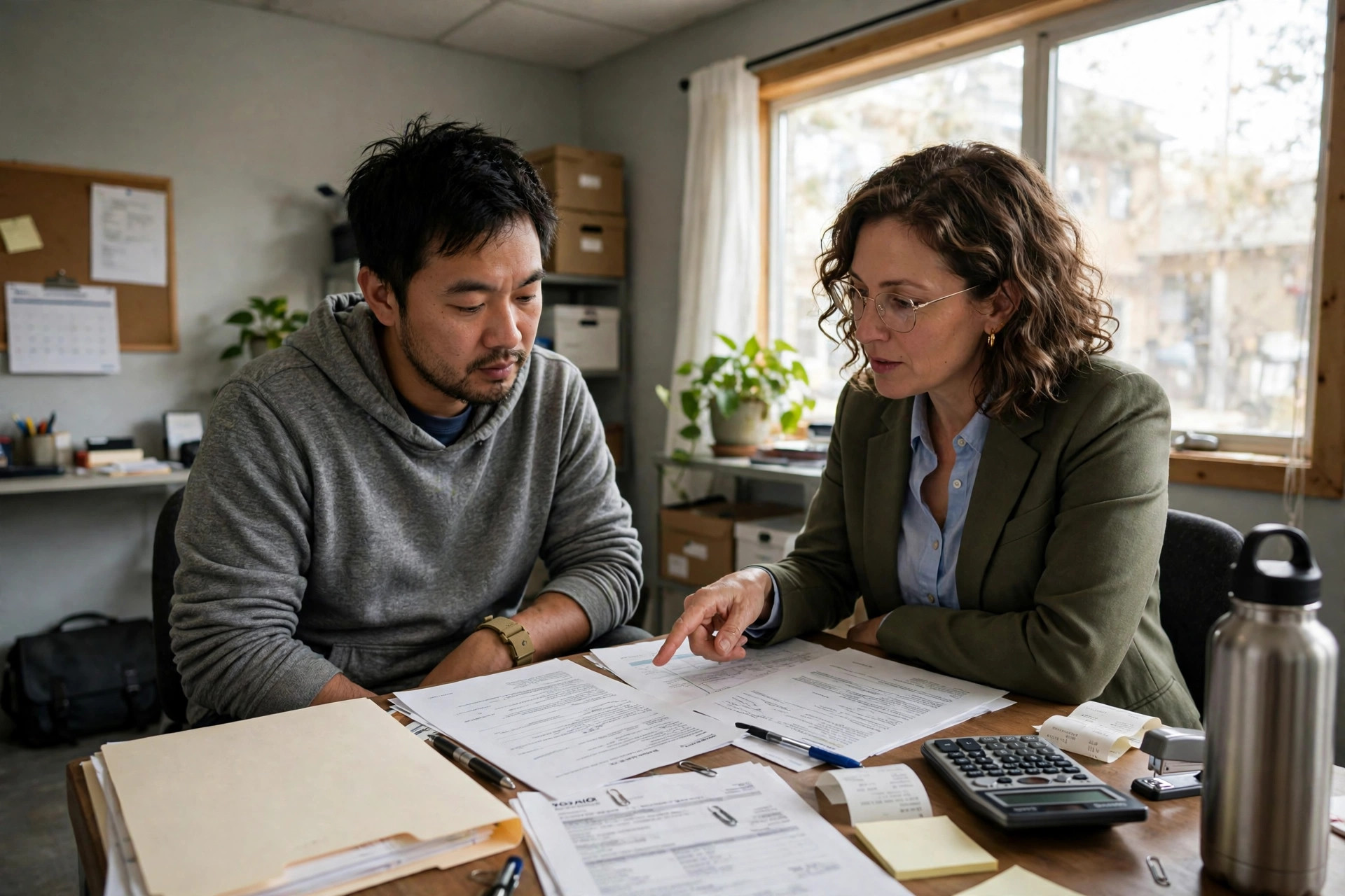Small business owner reviewing loan paperwork with an advisor at a conference table, documents and calculator spread out