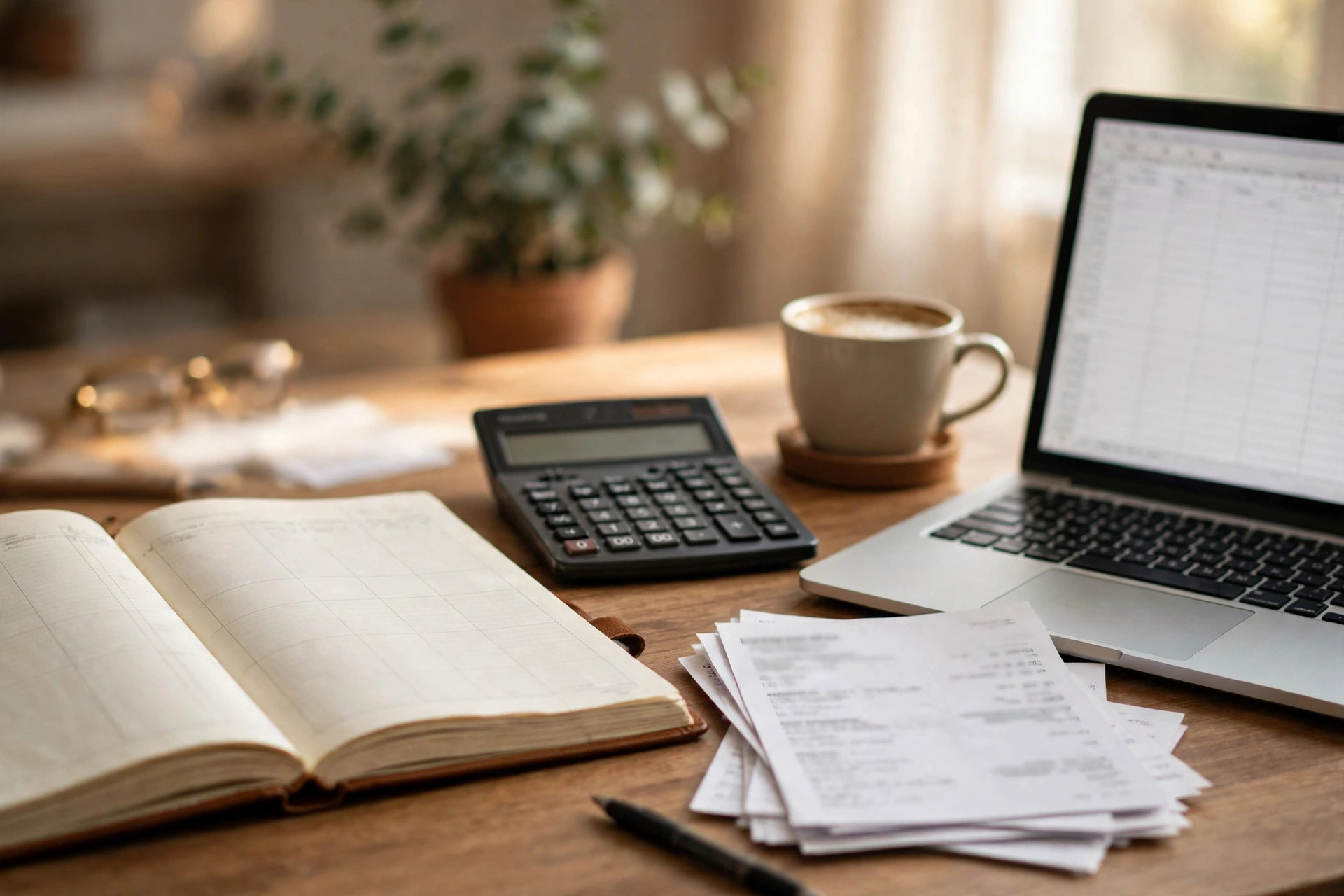 Small business owner reviewing a ledger, bank statements, and a calculator on a desk beside a laptop