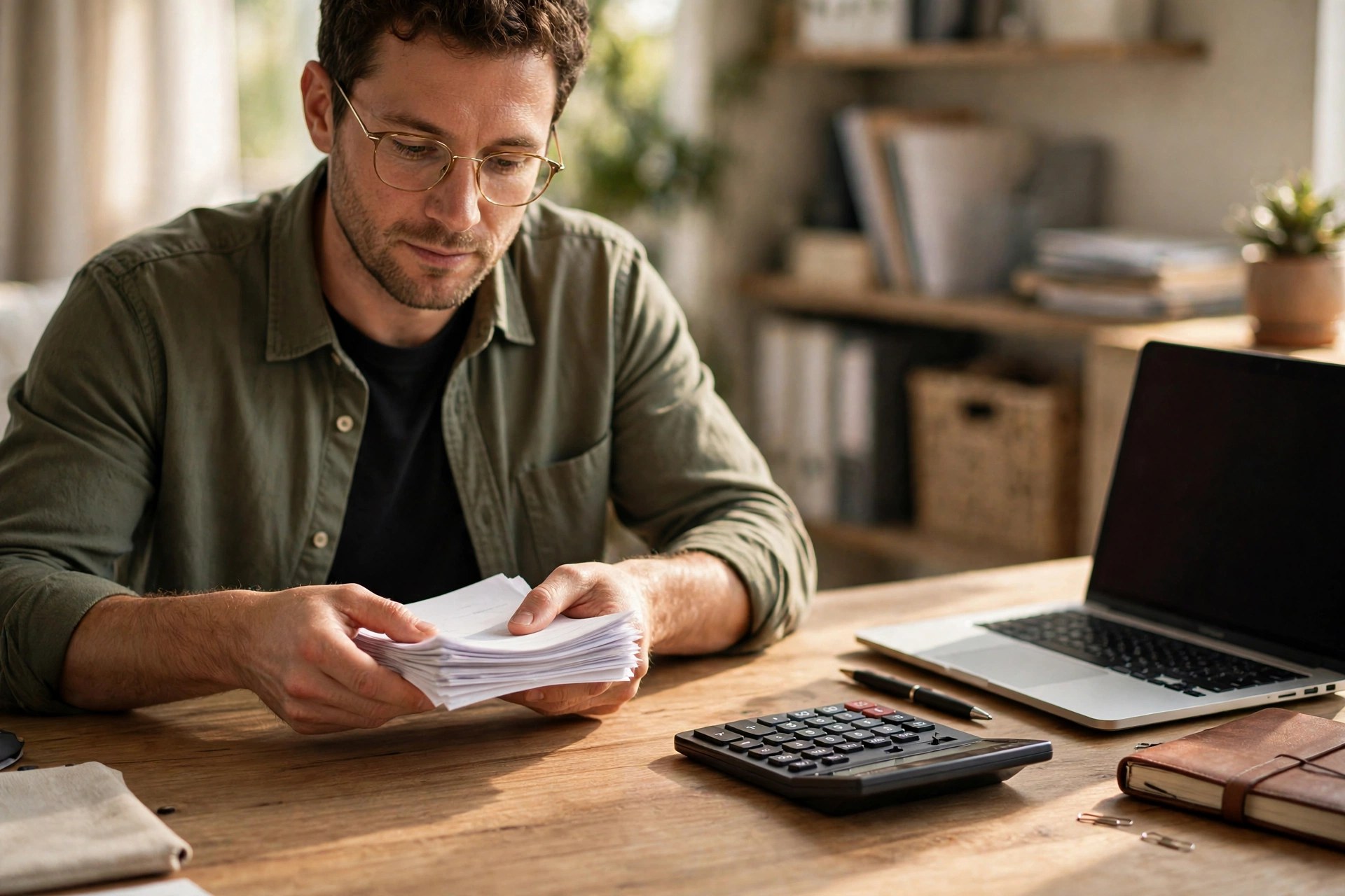Small business owner gathering several printed bills and funding statements into one neat stack on a desk