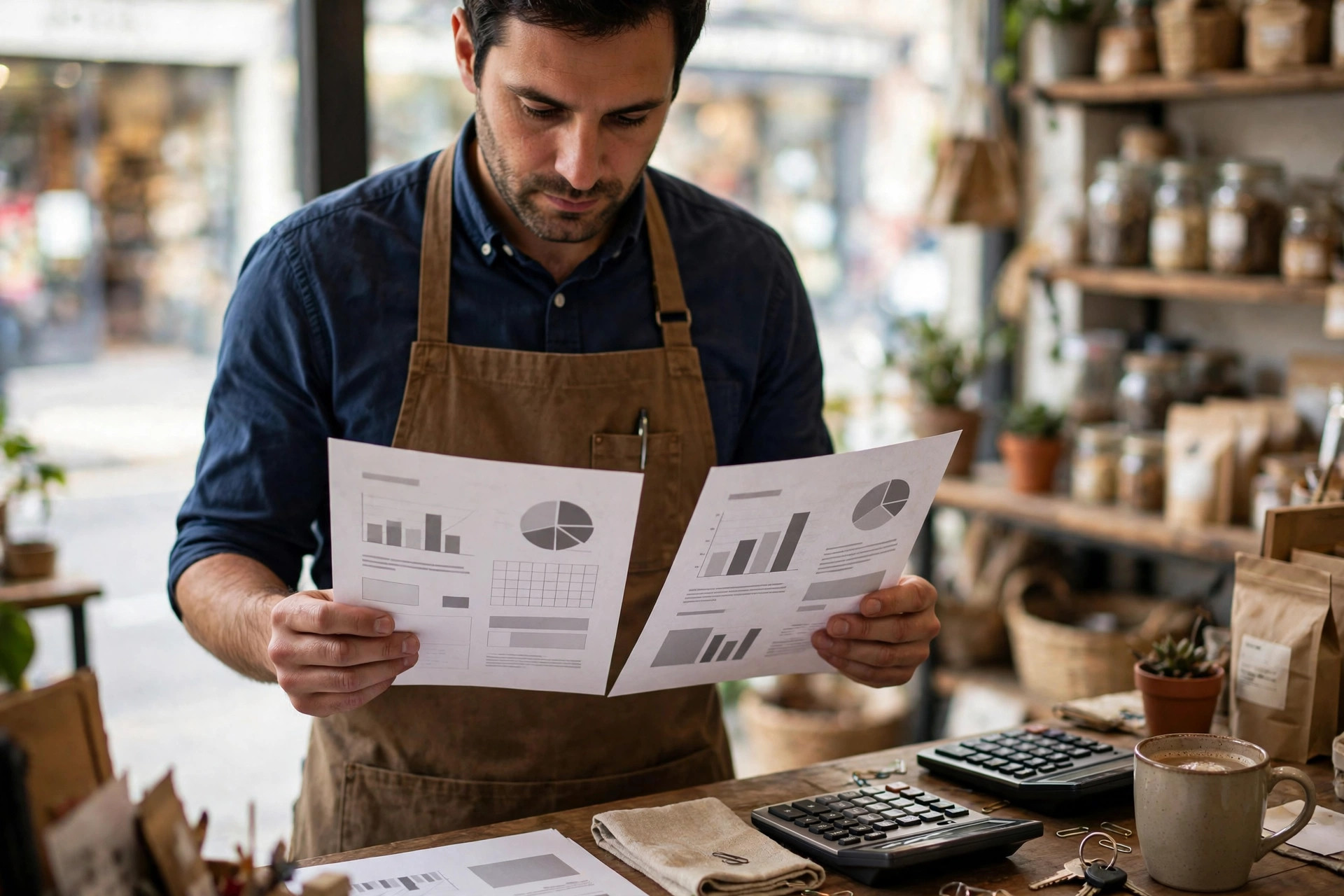 Small business owner in an apron comparing two printed funding documents at a shop counter, with a calculator and coffee beside them