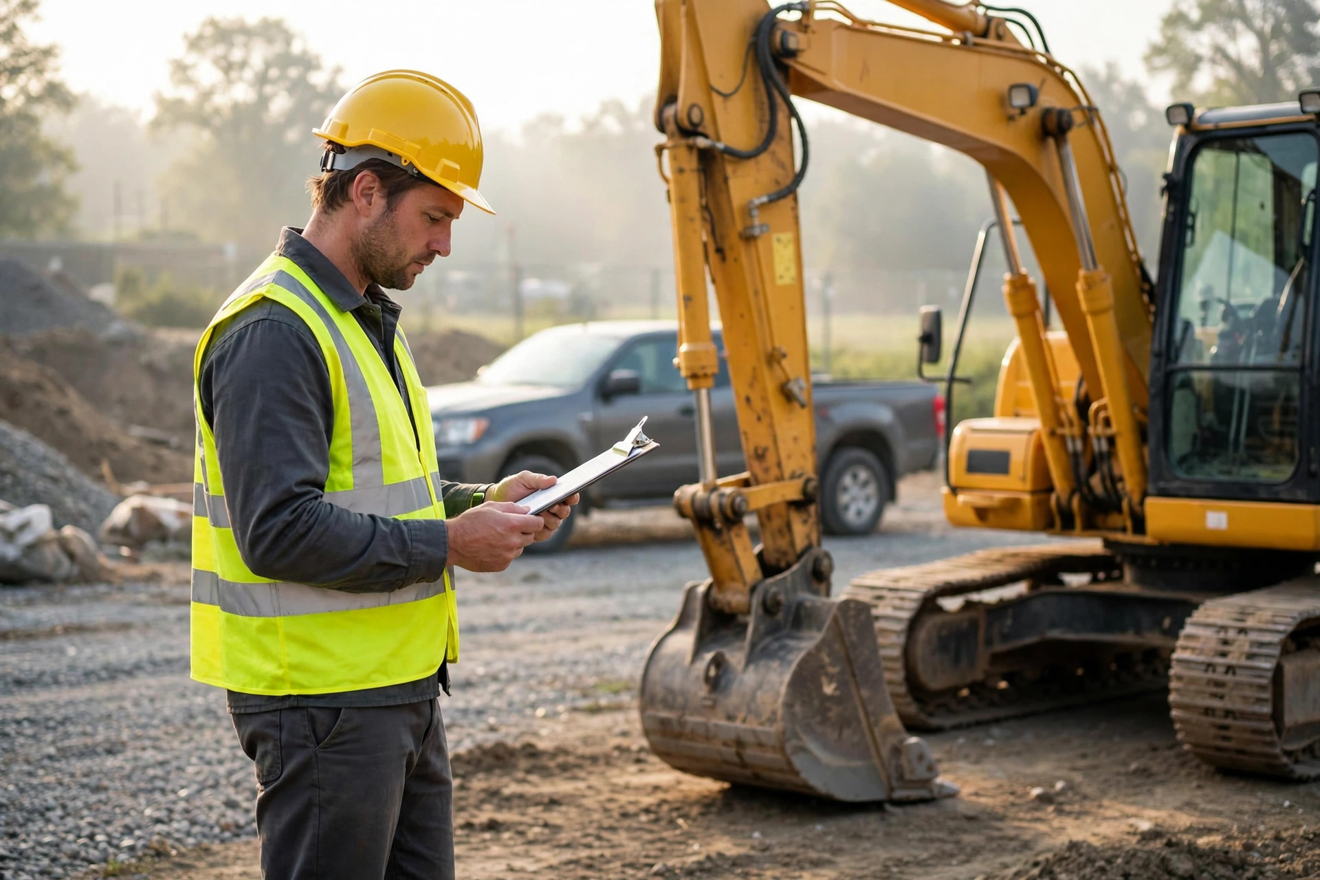 Construction contractor in a hard hat and safety vest reviewing paperwork on a clipboard beside an excavator at a job site