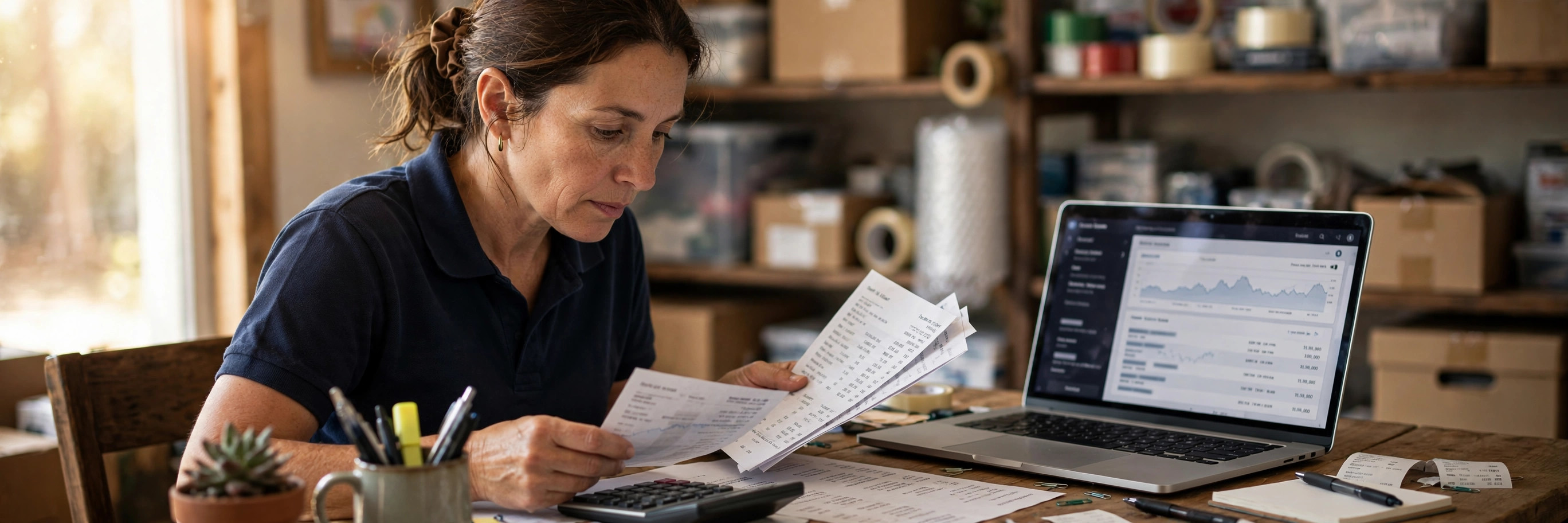 Small business owner reviewing bank statements and a calculator at her shop desk, laptop showing deposits