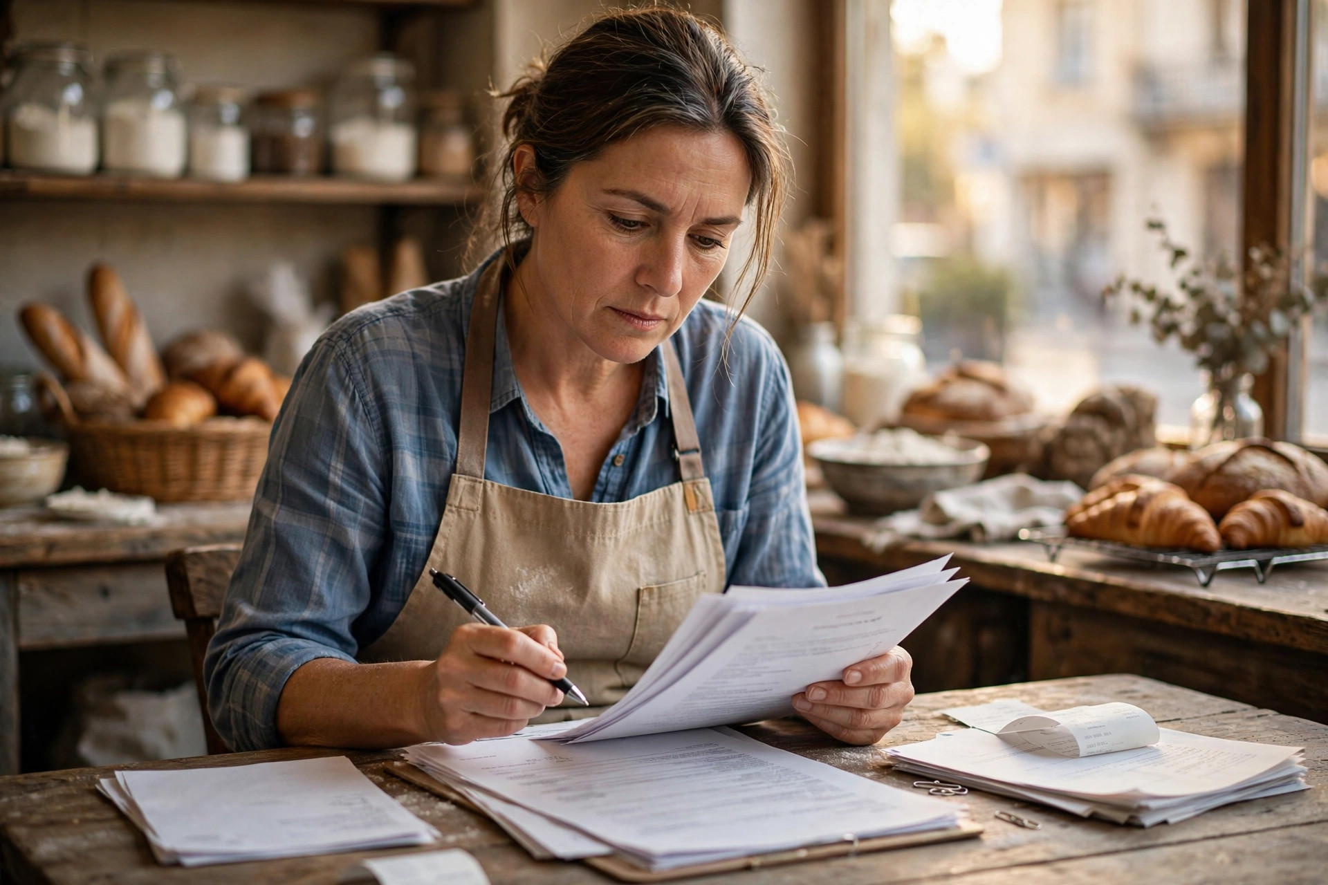 Bakery owner reviewing loan paperwork and a pen at her shop table, reading the fine print