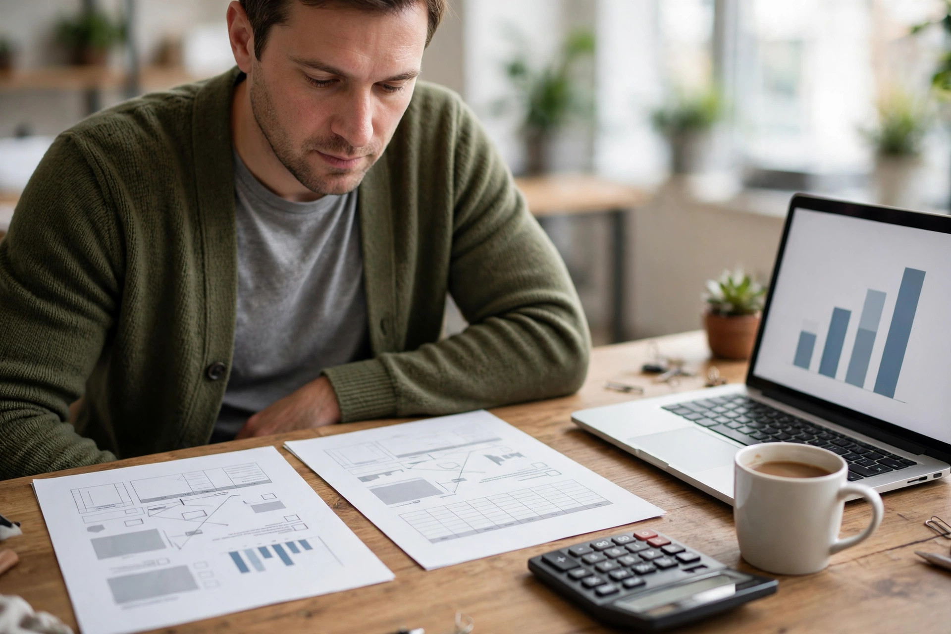 Small business owner comparing two printed funding offer documents side by side at a desk with a calculator and coffee