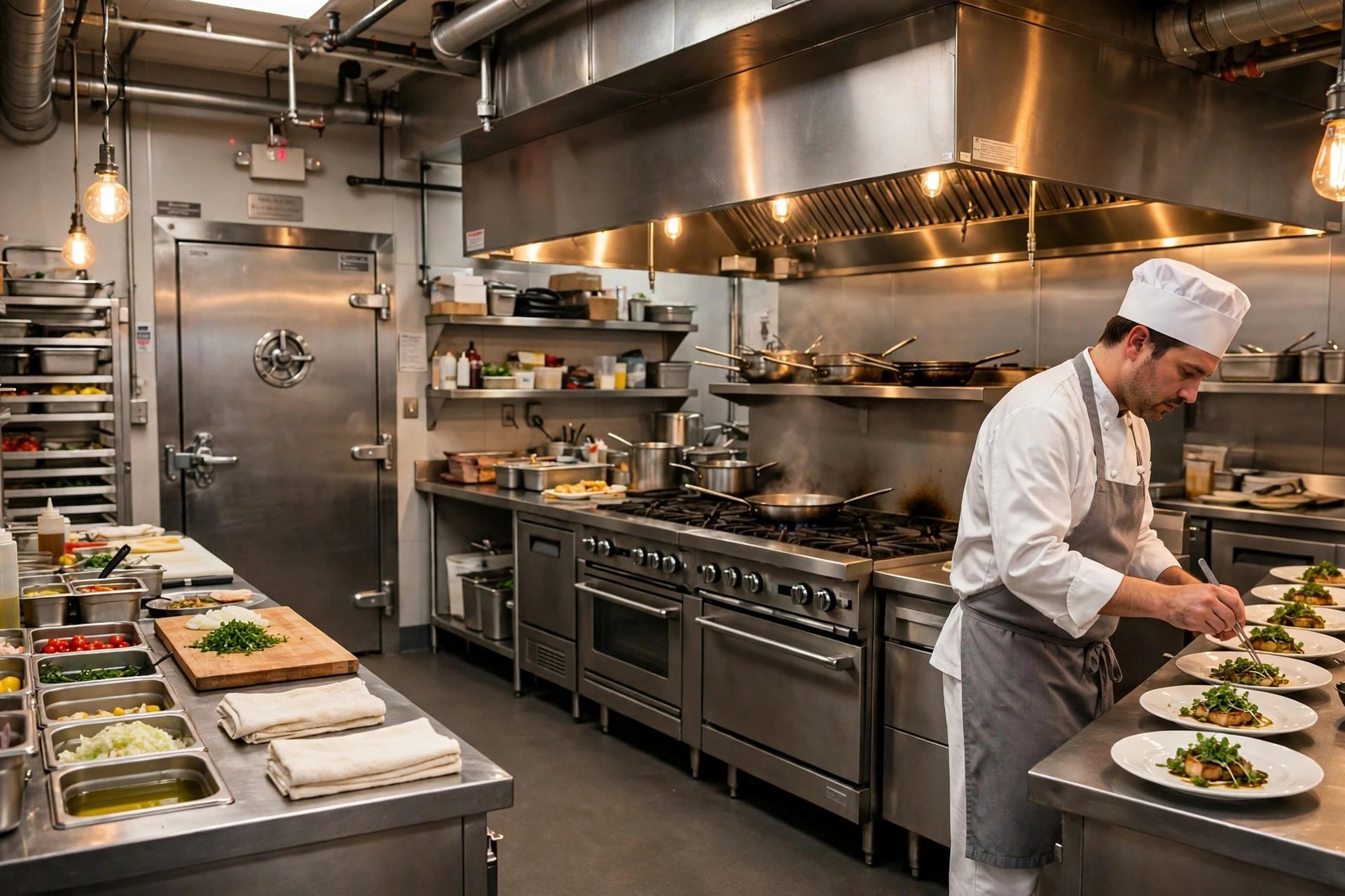 A spacious commercial restaurant kitchen with stainless steel ranges, ovens, and prep tables