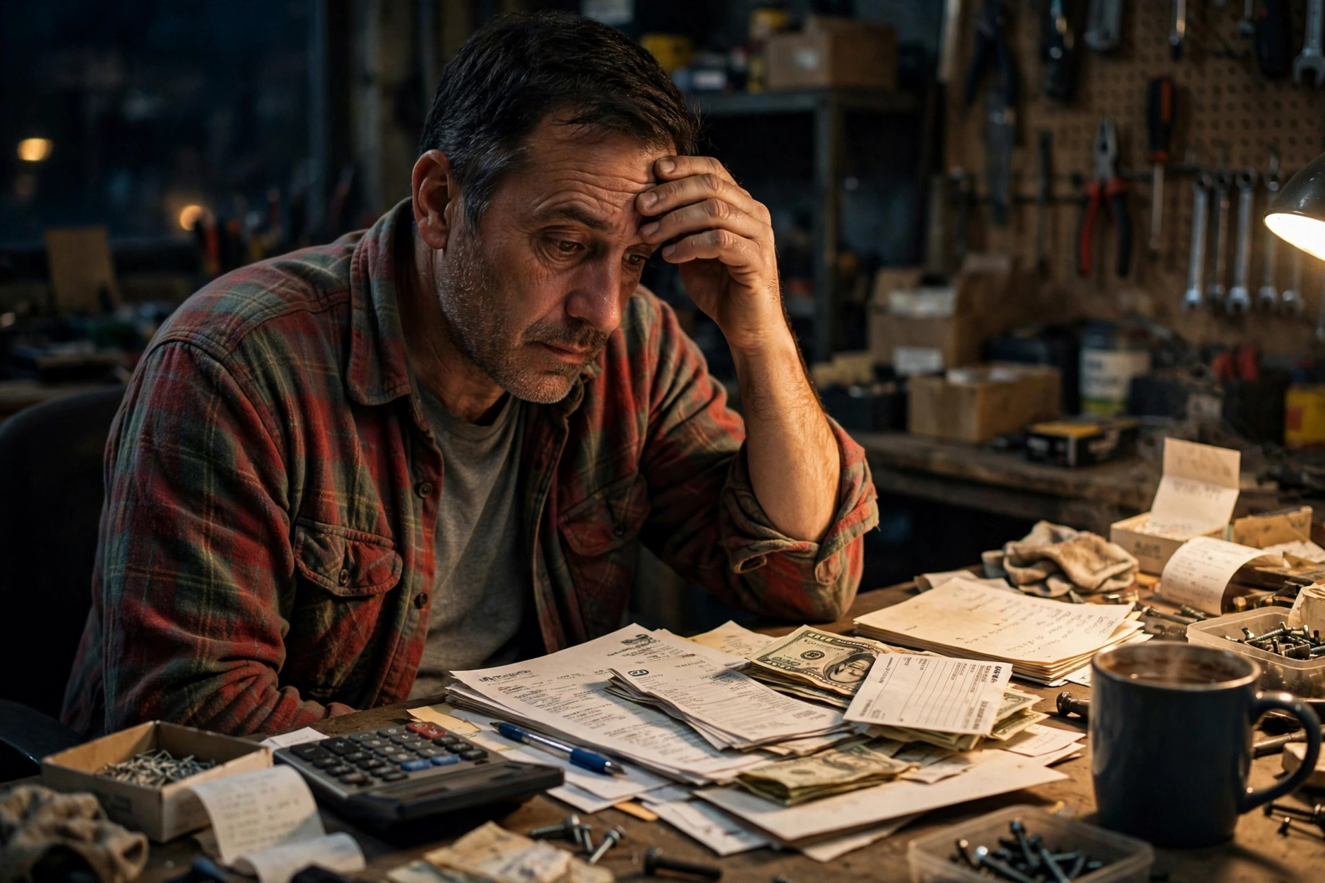 Small business owner reviewing a stack of bank statements and bills at a cluttered workshop desk late at night, calculator and coffee mug nearby
