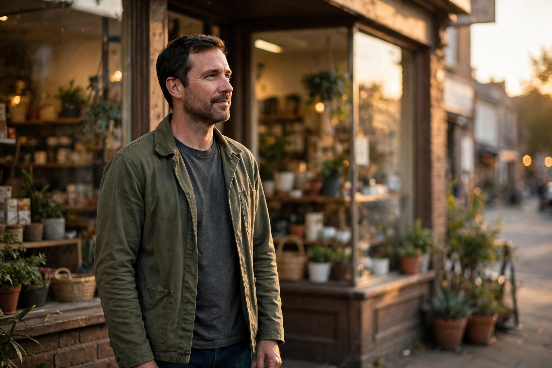Small business owner standing in front of his neighborhood storefront at golden hour