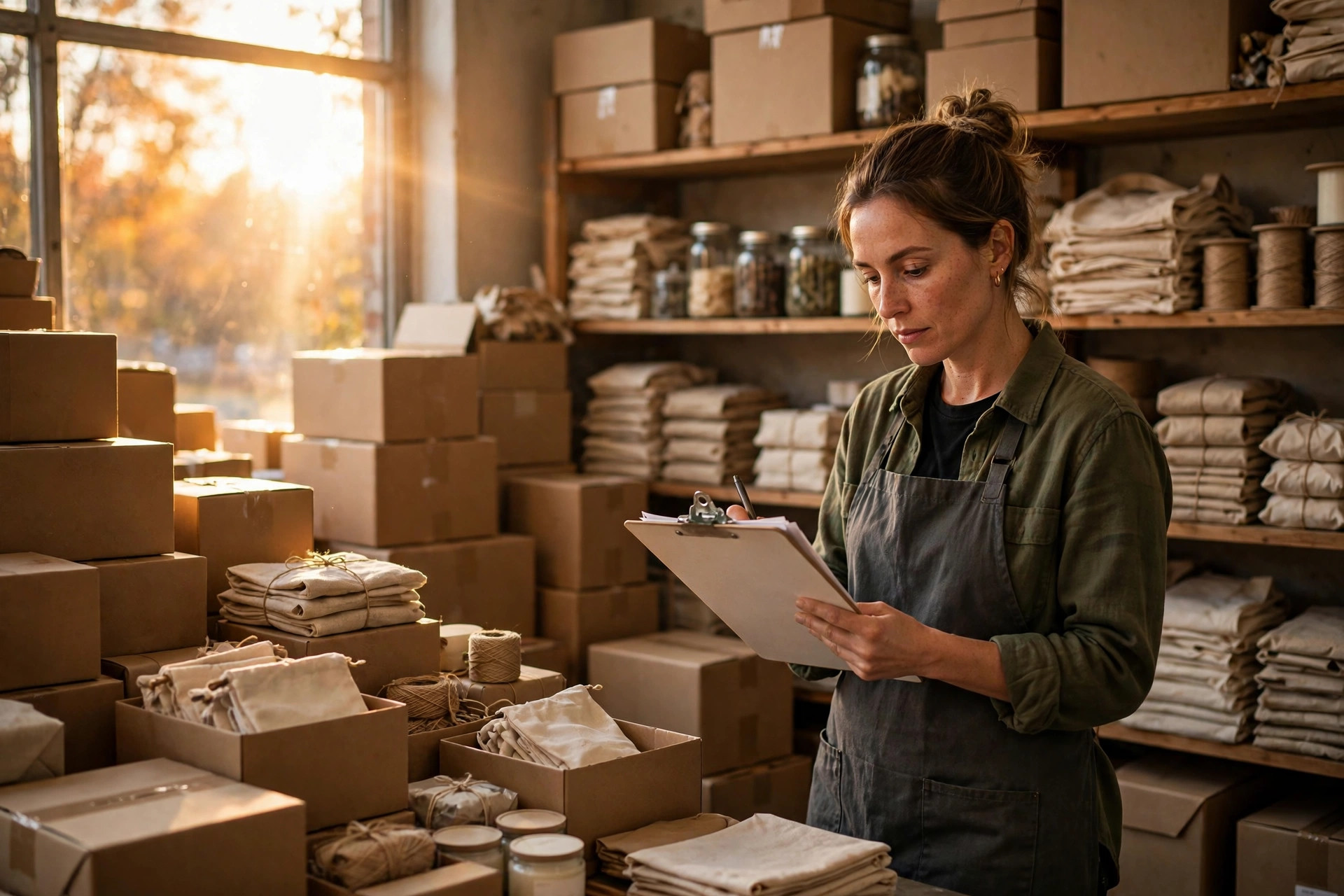 Small business owner reviewing inventory orders on a clipboard in a warmly lit retail stockroom stacked with boxes, autumn light through a warehouse window