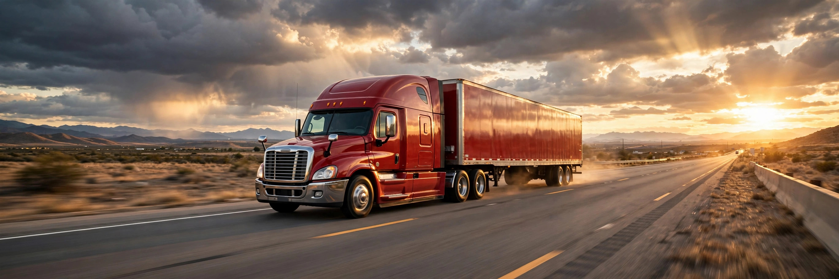 Red semi-truck with trailer driving on an American interstate highway at golden hour — keeping freight (and cash flow) moving