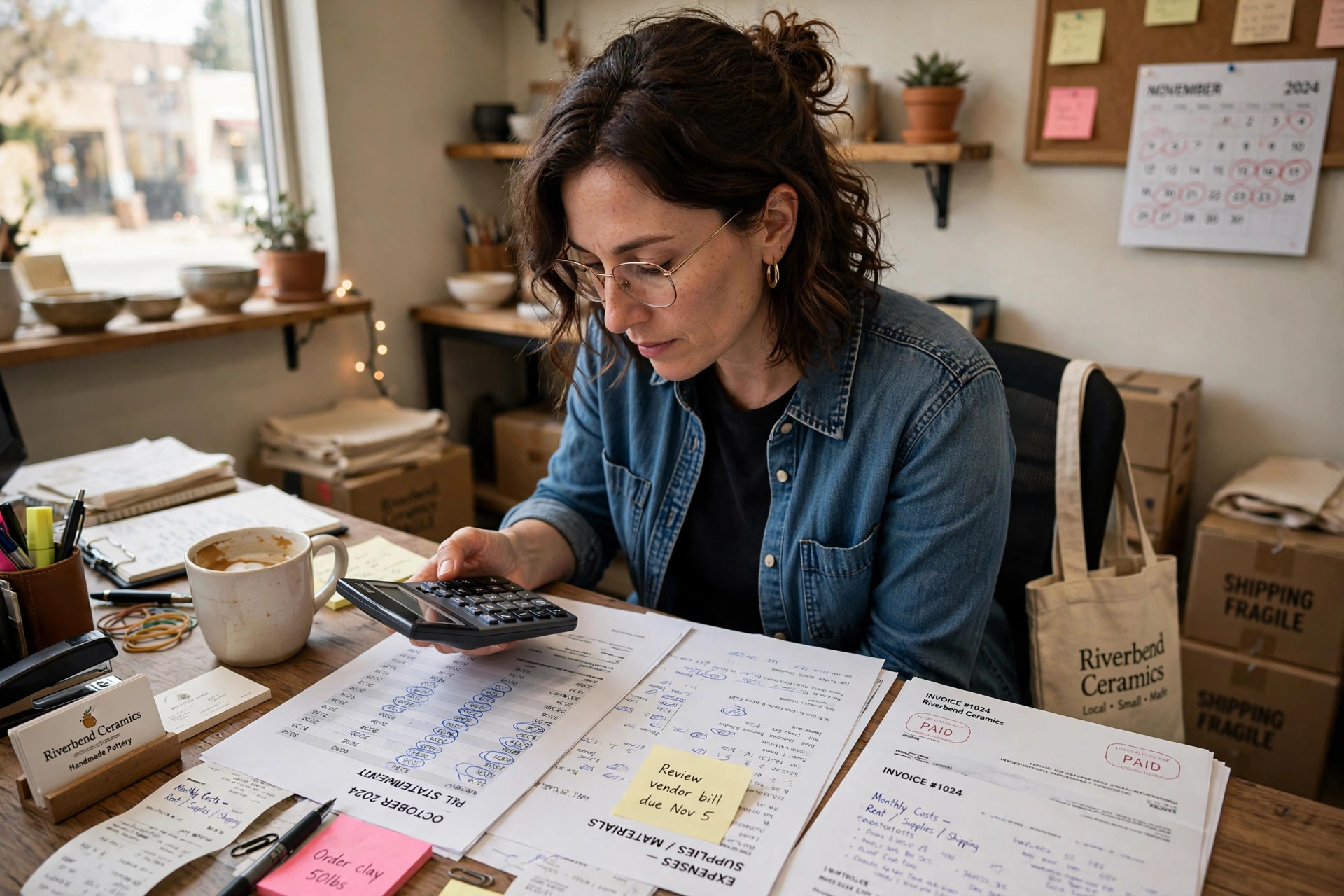 Small business owner reviewing financial documents with a calculator at a desk, realistic office setting