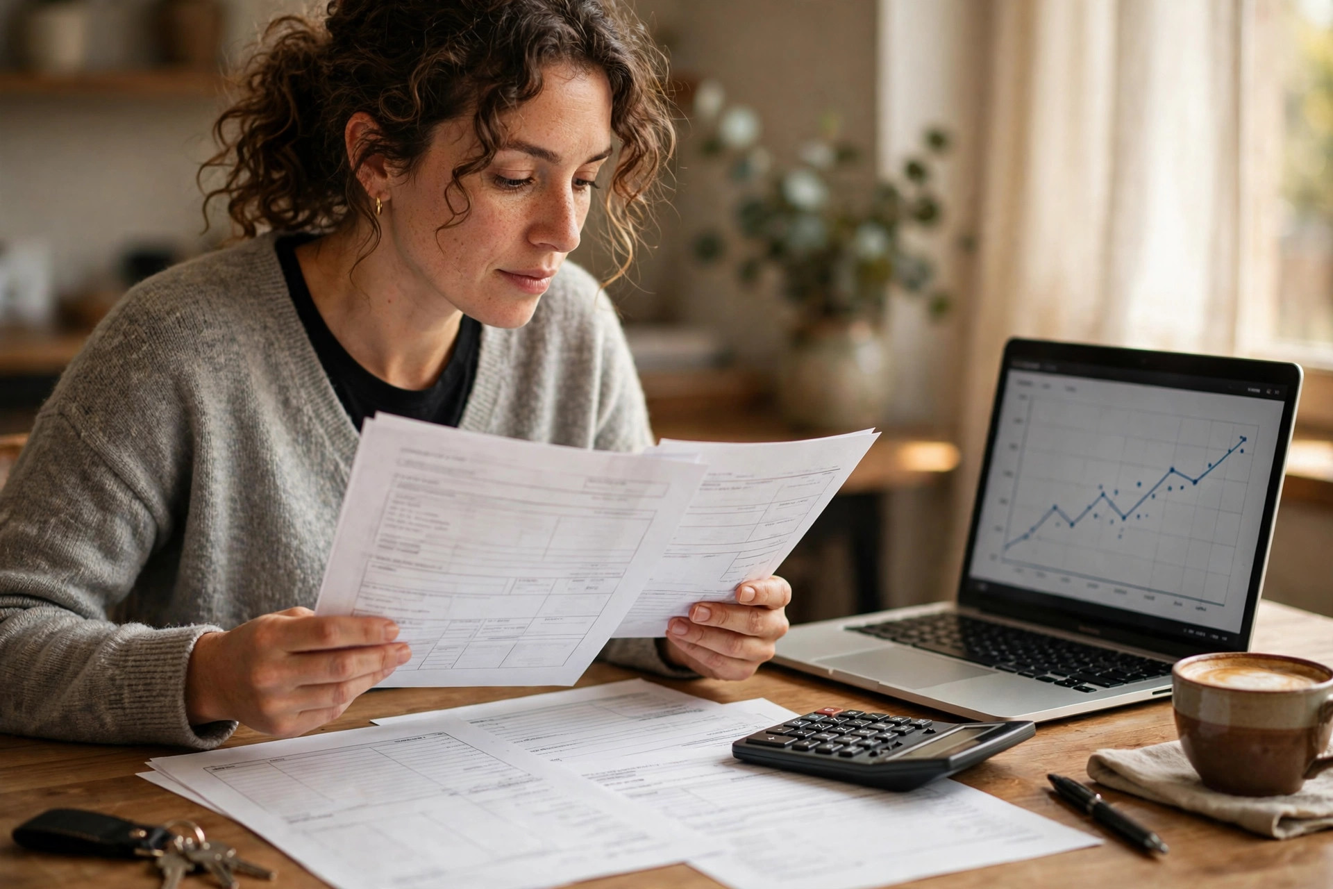 Small business owner reviewing printed financial statements and a balance sheet at a desk, with a calculator and a laptop showing a chart