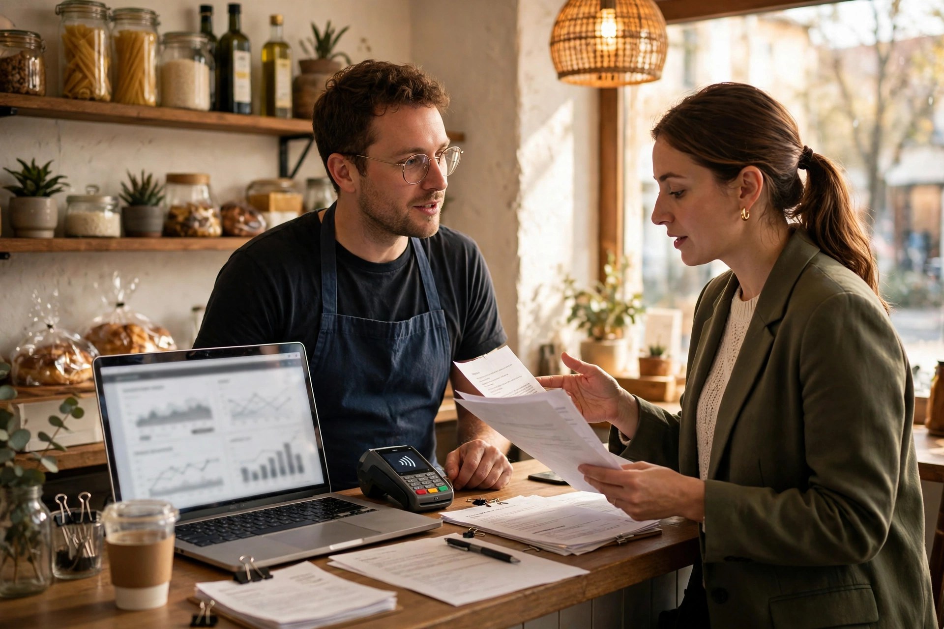 Small restaurant owner reviewing paperwork with a funding advisor at the shop counter