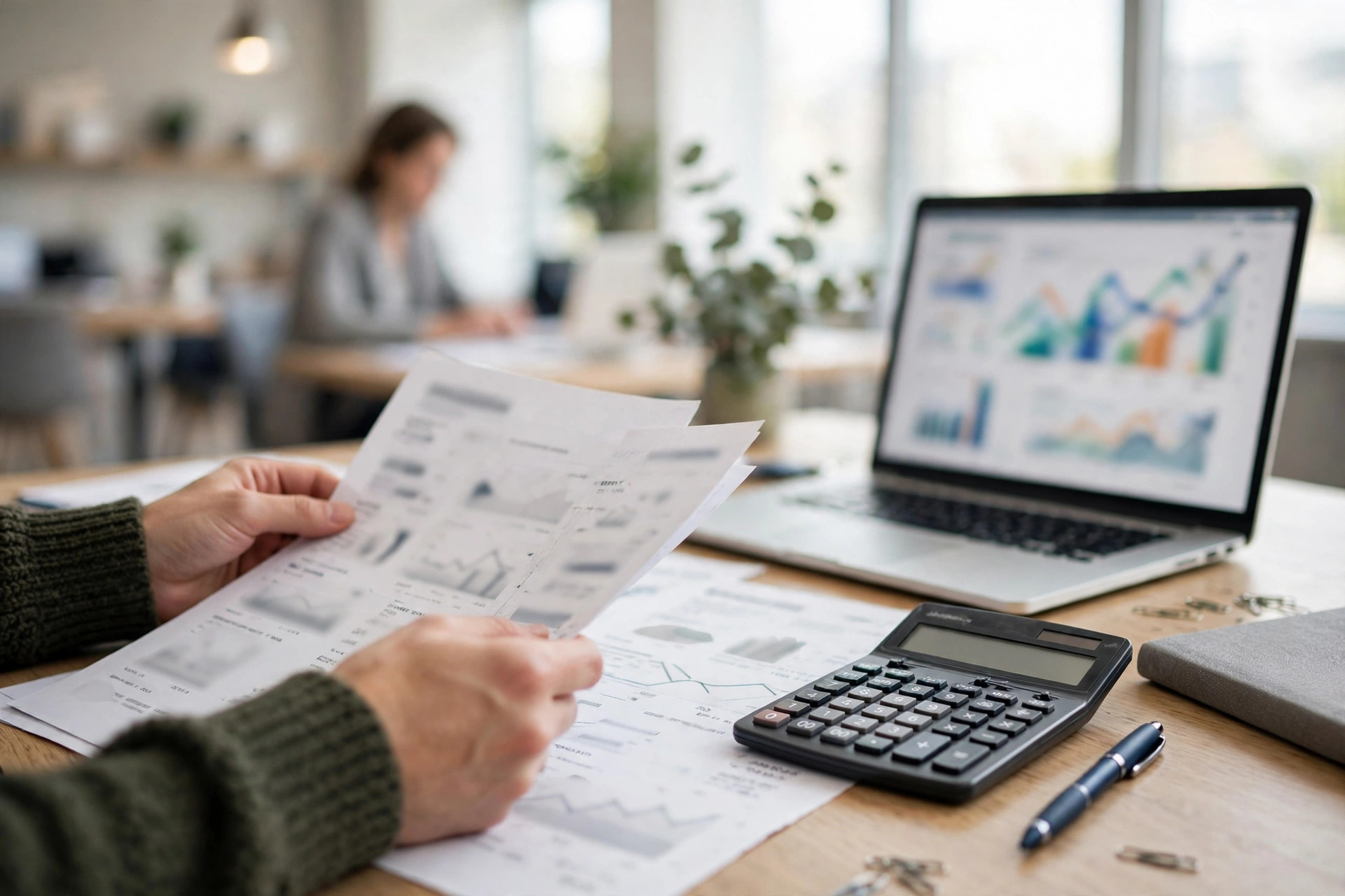 Hands reviewing printed business bank statements at a desk with a calculator and a laptop showing charts