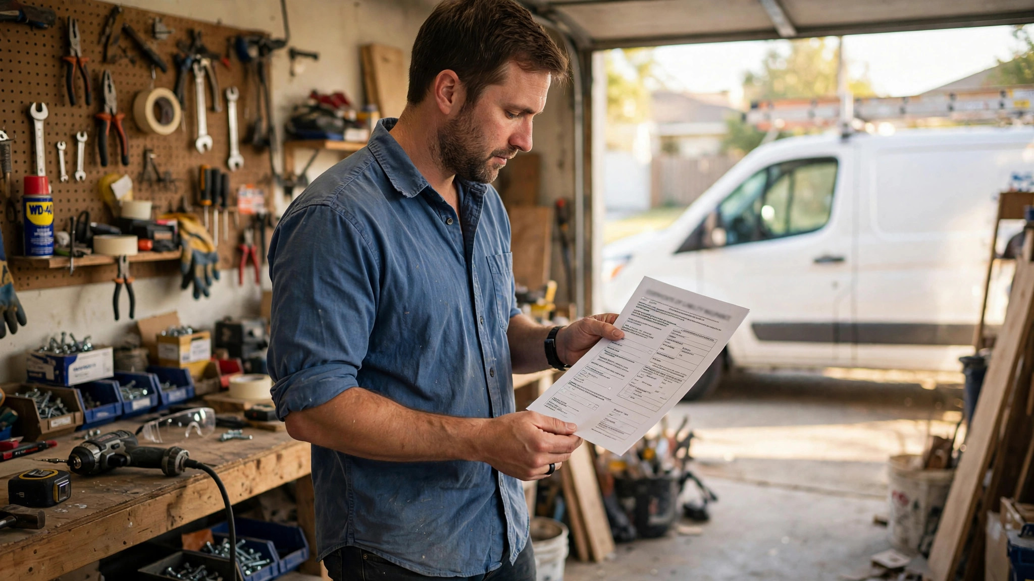 Contractor reviewing a printed insurance certificate in his workshop with a work van behind him
